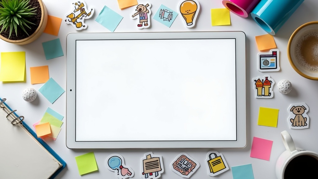 A brainstorming workspace with digital tablets, sticky notes, and coffee; surrounded by symbols for various topics, representing niche research