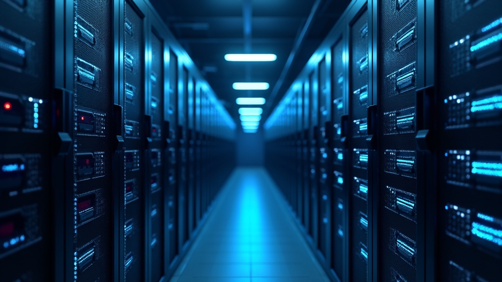 A modern data center with rows of glowing servers, symbolizing robust web hosting.