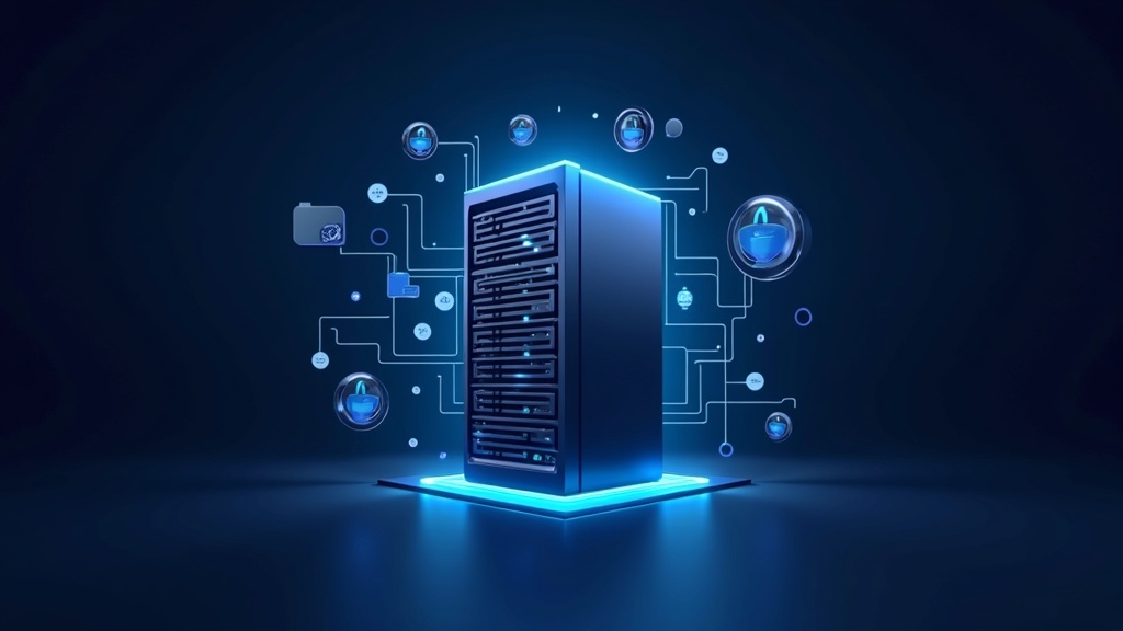 A sleek hosting server setup, conveying speed, security, and a modern professional look for websites.