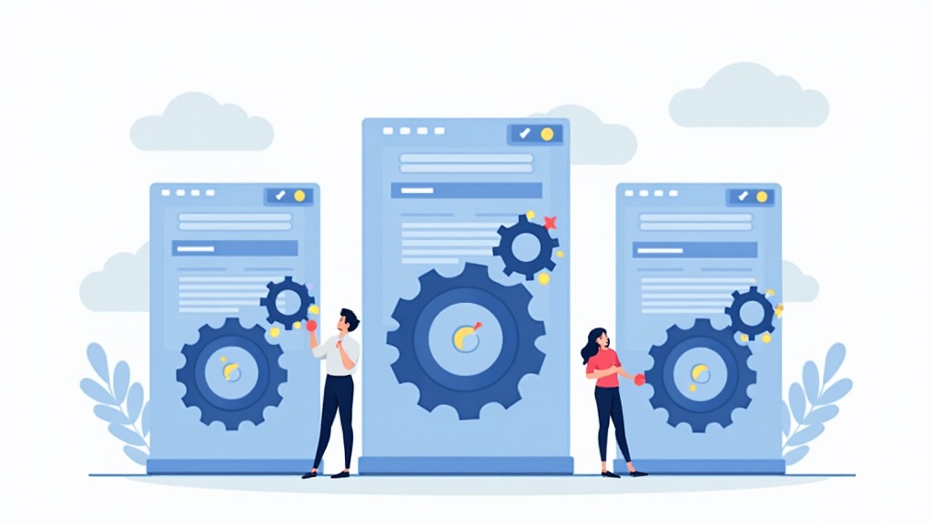 Web hosting troubleshooting concept with servers, gears, and browser windows